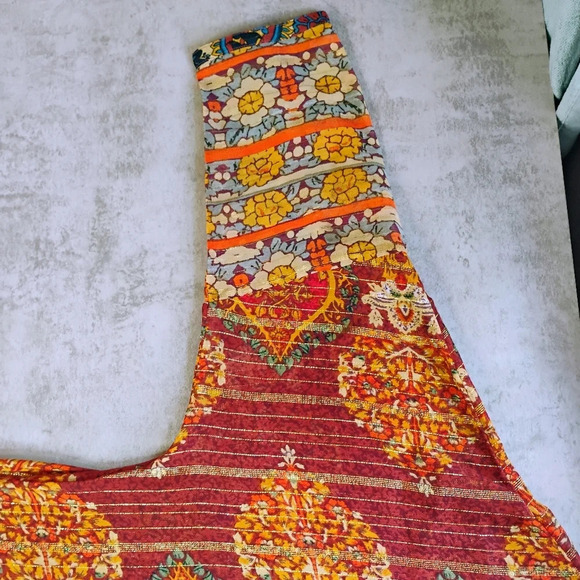 Desigual Boho Moroccan Paisley Sheer Blouse Tie Waist Tassels Button Down Large - Picture 15 of 16